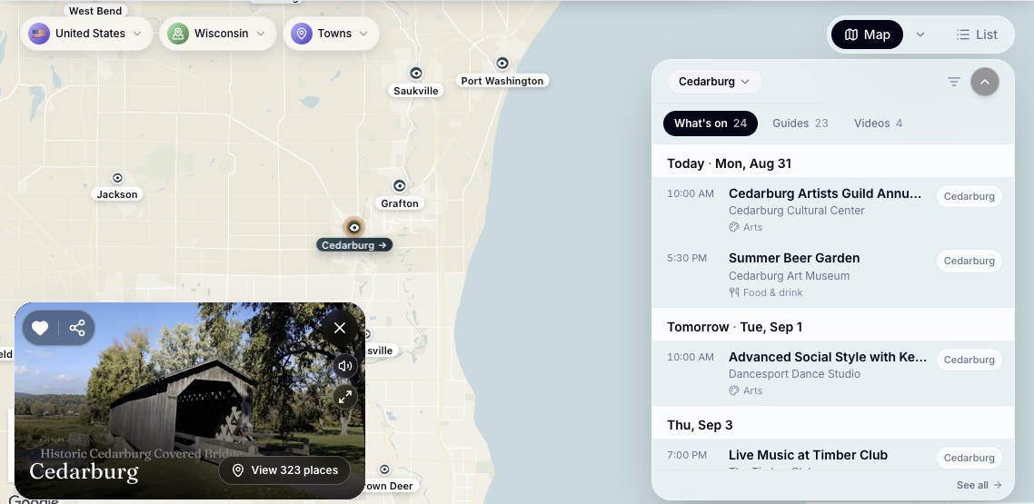 The Local Eyes map of Wisconsin with the Cedarburg pin selected