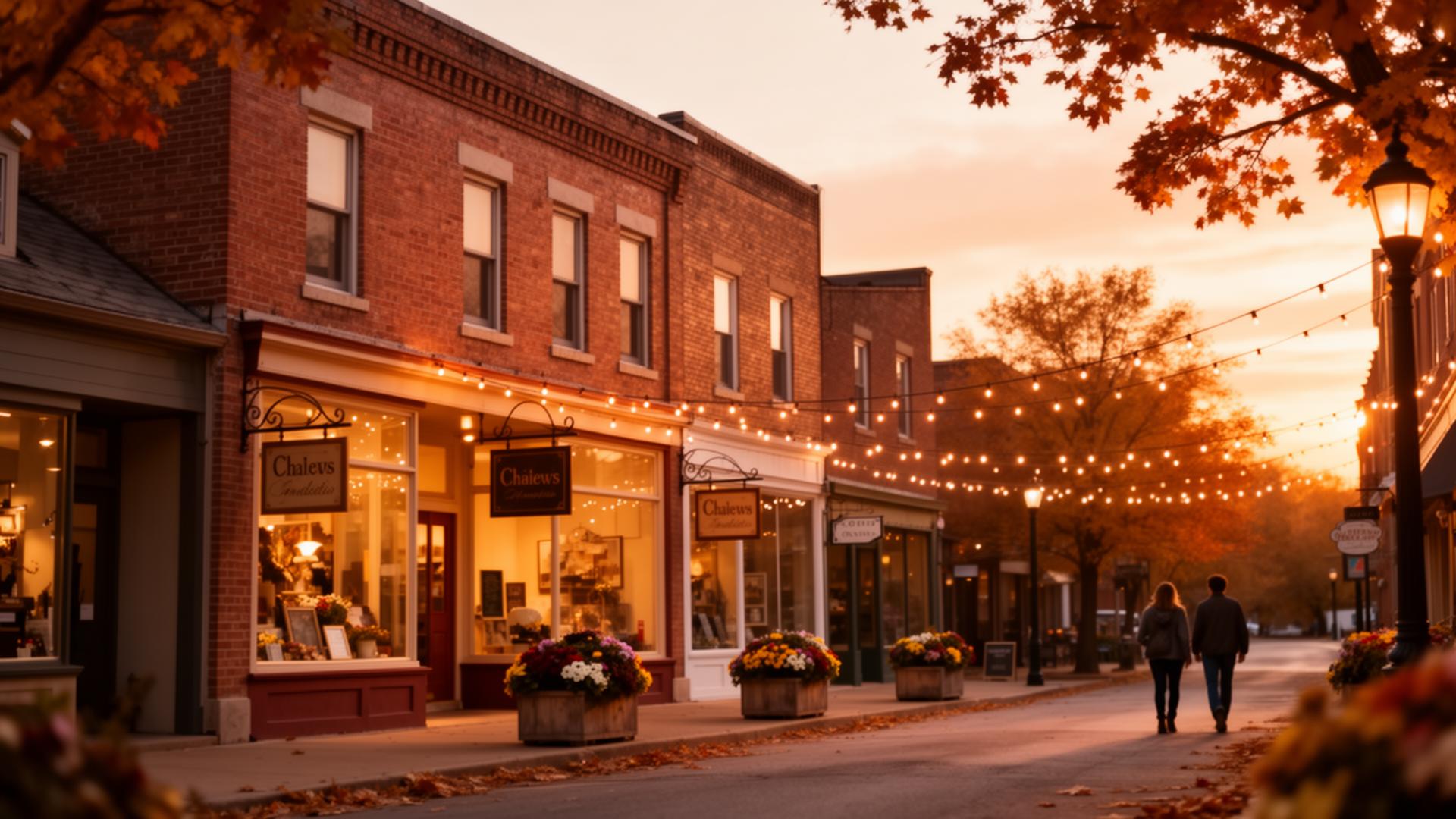 A small-town main street at golden hour