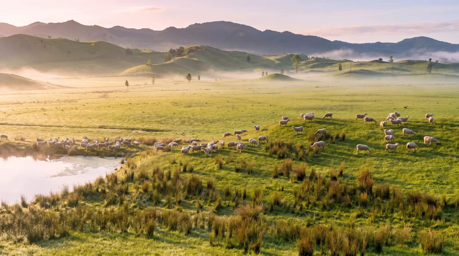 Sheep graze on a misty, green hillside with a pond and distant mountains, representing the rural landscape of Greytown.