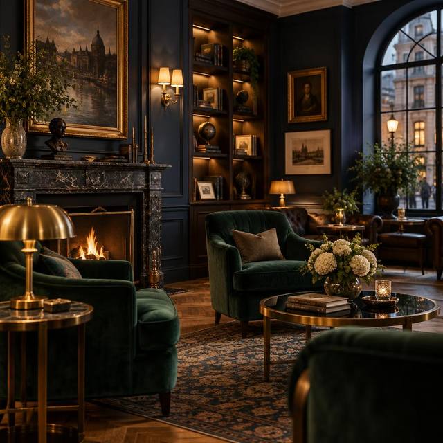 A storied boutique hotel lounge with velvet armchairs, a marble fireplace and curated artwork