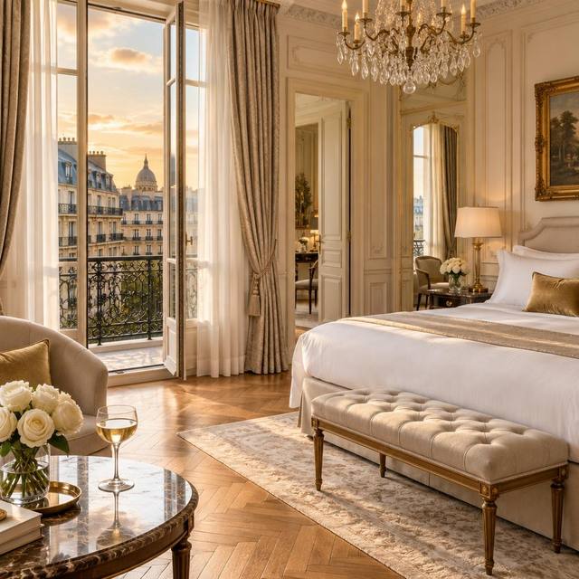 An elegant Parisian hotel suite with French windows opening to a balcony at golden hour