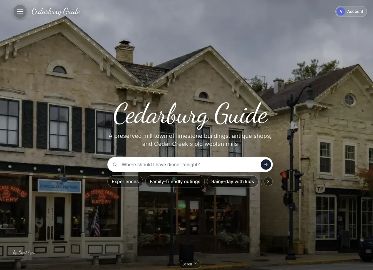 The Cedarburg Guide town page with its search bar and topic chips